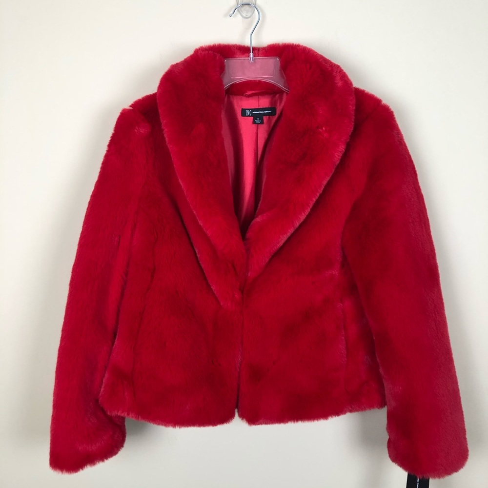I.N.C. Cozy Red Shawl Collar Faux Fur Coat - Picture 4 of 7